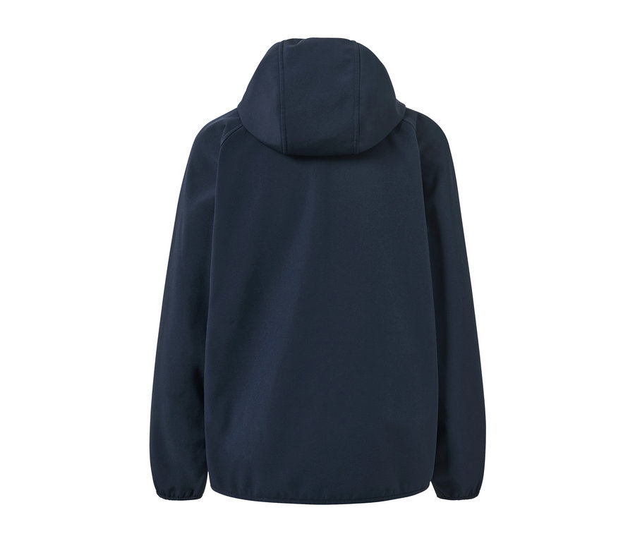 Eine marineblaue Softshelljacke von hinten.