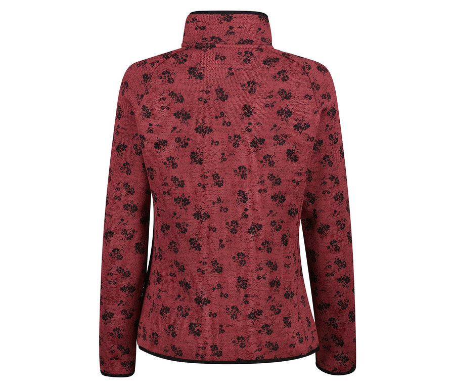 Eine rote Fleecejacke mit schwarzem Blumenmuster, Rückansicht.