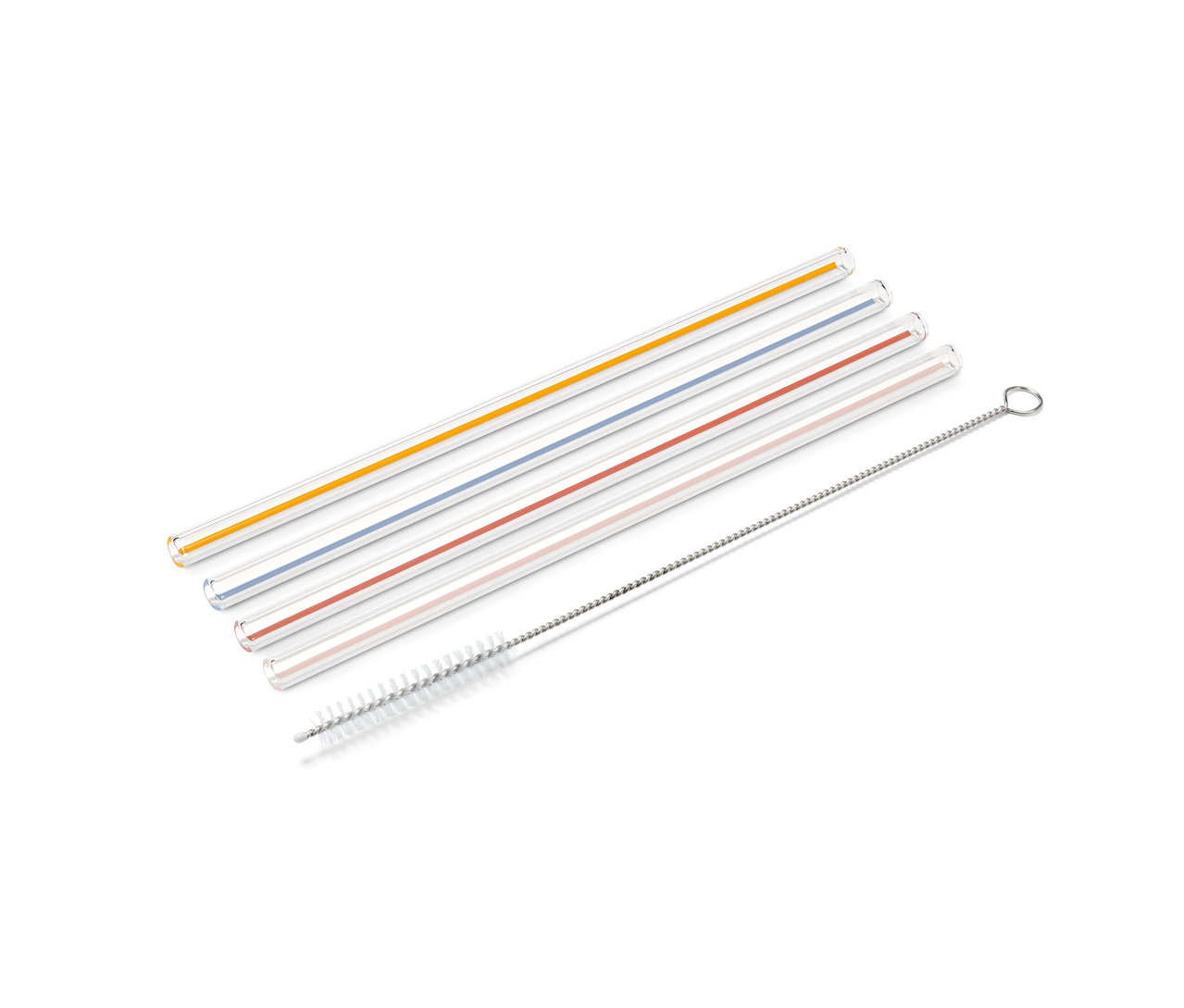 Vier Glas-Trinkhalme mit farbigen Streifen und eine Reinigungsbürste.