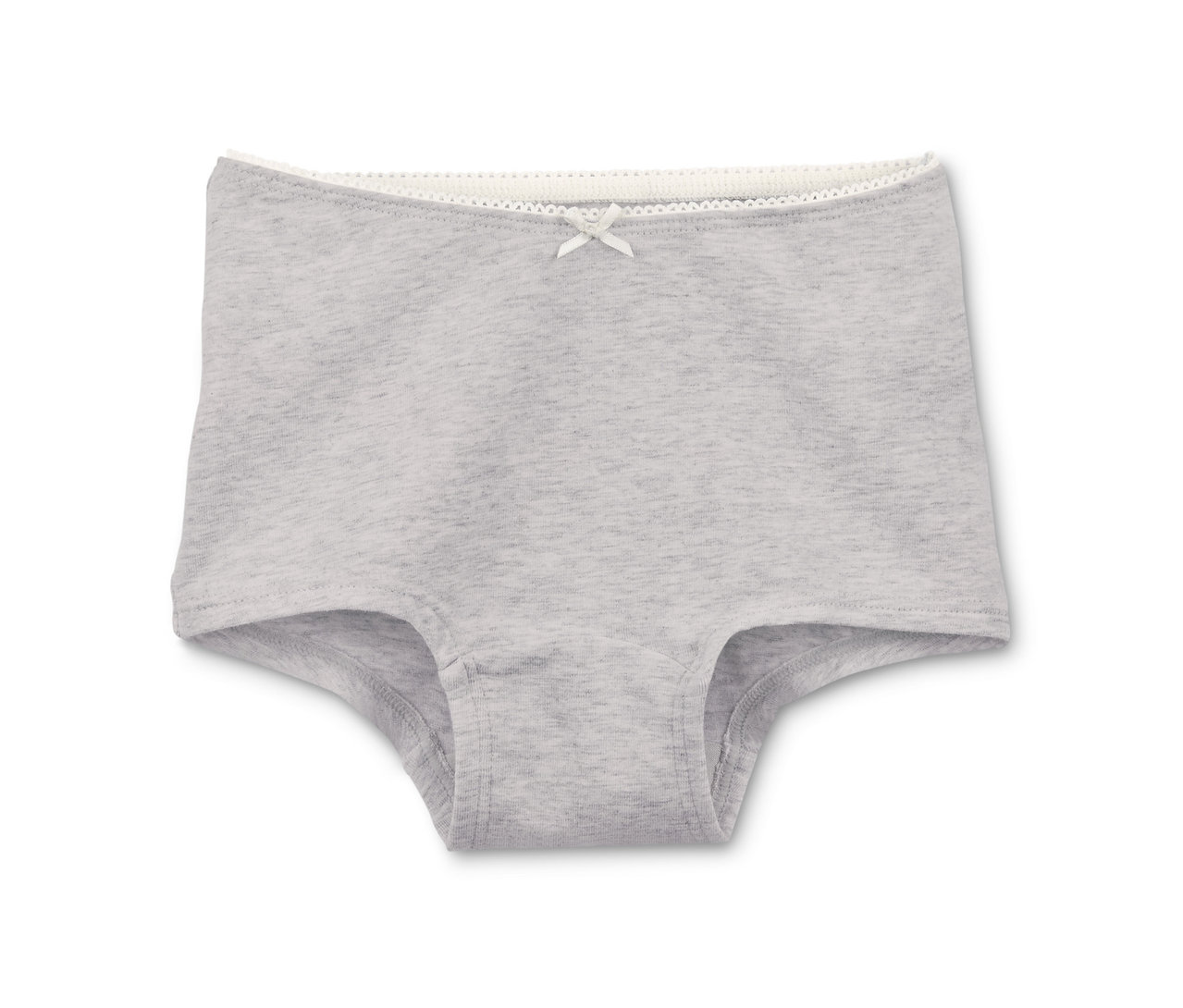 Ein einzelner grauer Mädchen-Panty (von 7 Mädchen-Pantys) mit weißer Spitze und Schleife am Bund.