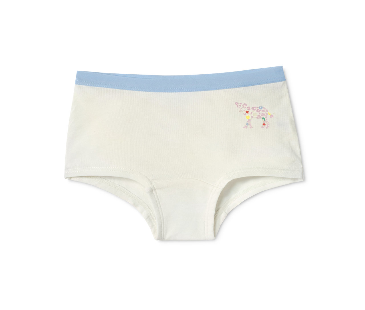 Ein weißer Slip mit blauem Bund und einem floralen Elefantenmuster. 3 Pantys.