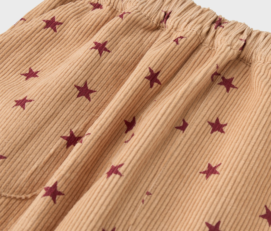 Detailaufnahme der braunen Kinder-Cord-Pull-on-Pants mit Sternen.