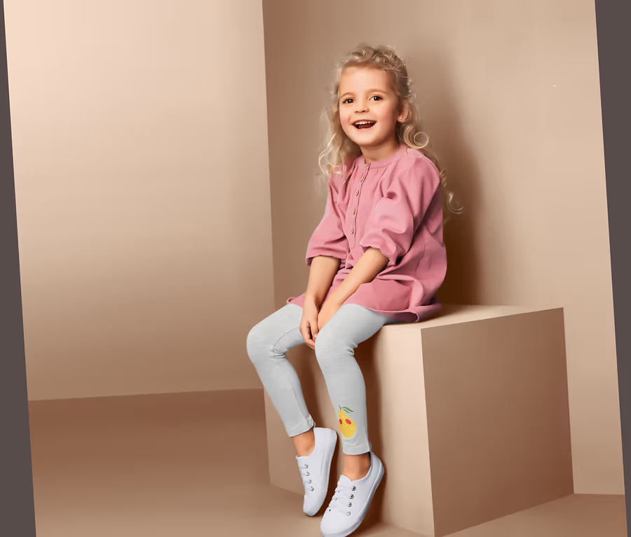 Ein lächelndes Mädchen sitzt auf einem Würfel und trägt 2 Leggings mit Zitronenbild und weiße Turnschuhe.