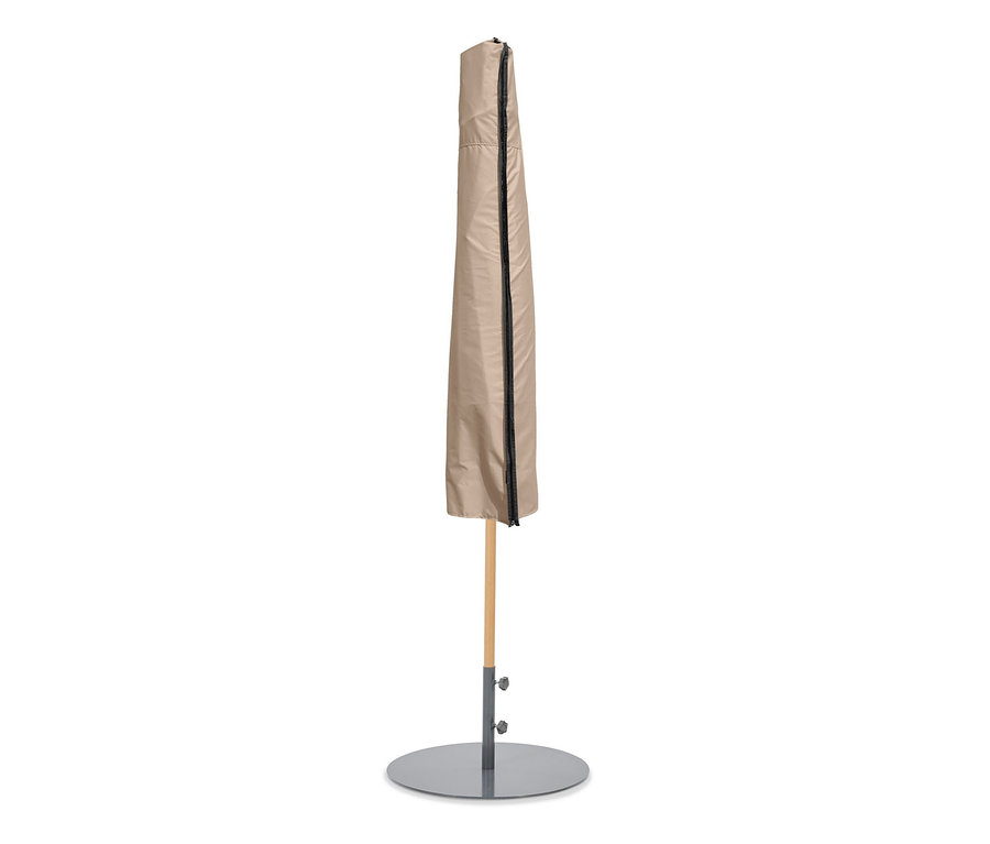 Beiger Leco Marktschirm in Holzoptik mit Abdeckhaube.