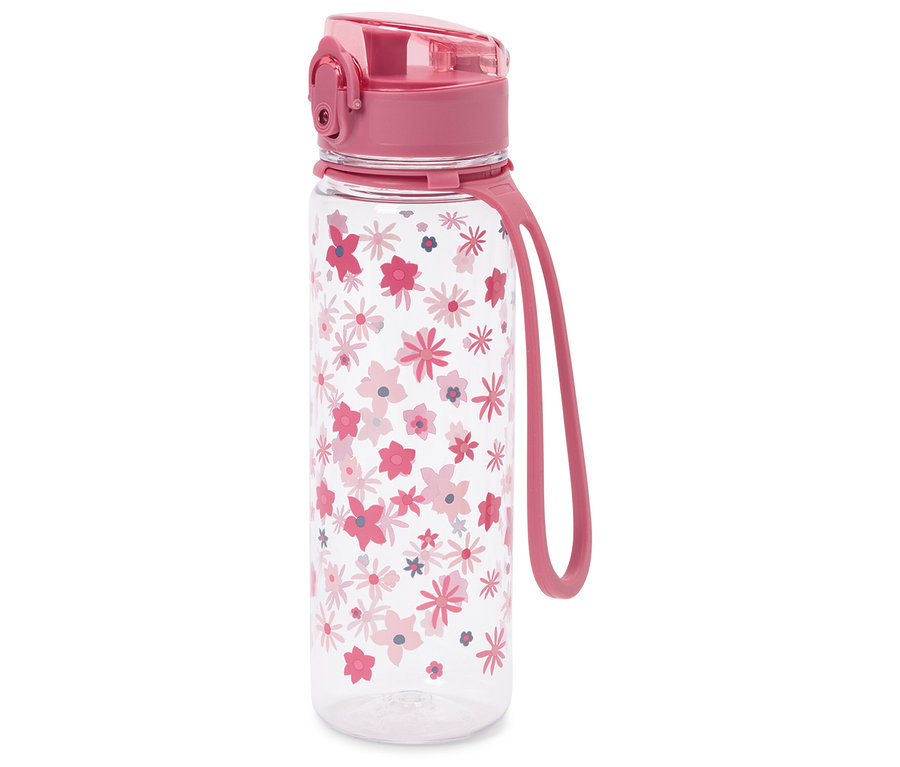 Eine rosa Trinkflasche mit Blumenmuster.
