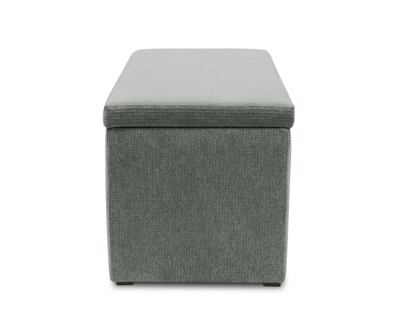 Grauer DOMO Hocker mit Stauraum auf weißem Hintergrund.