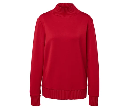 Roter Rollkragenpullover mit langen Ärmeln.
