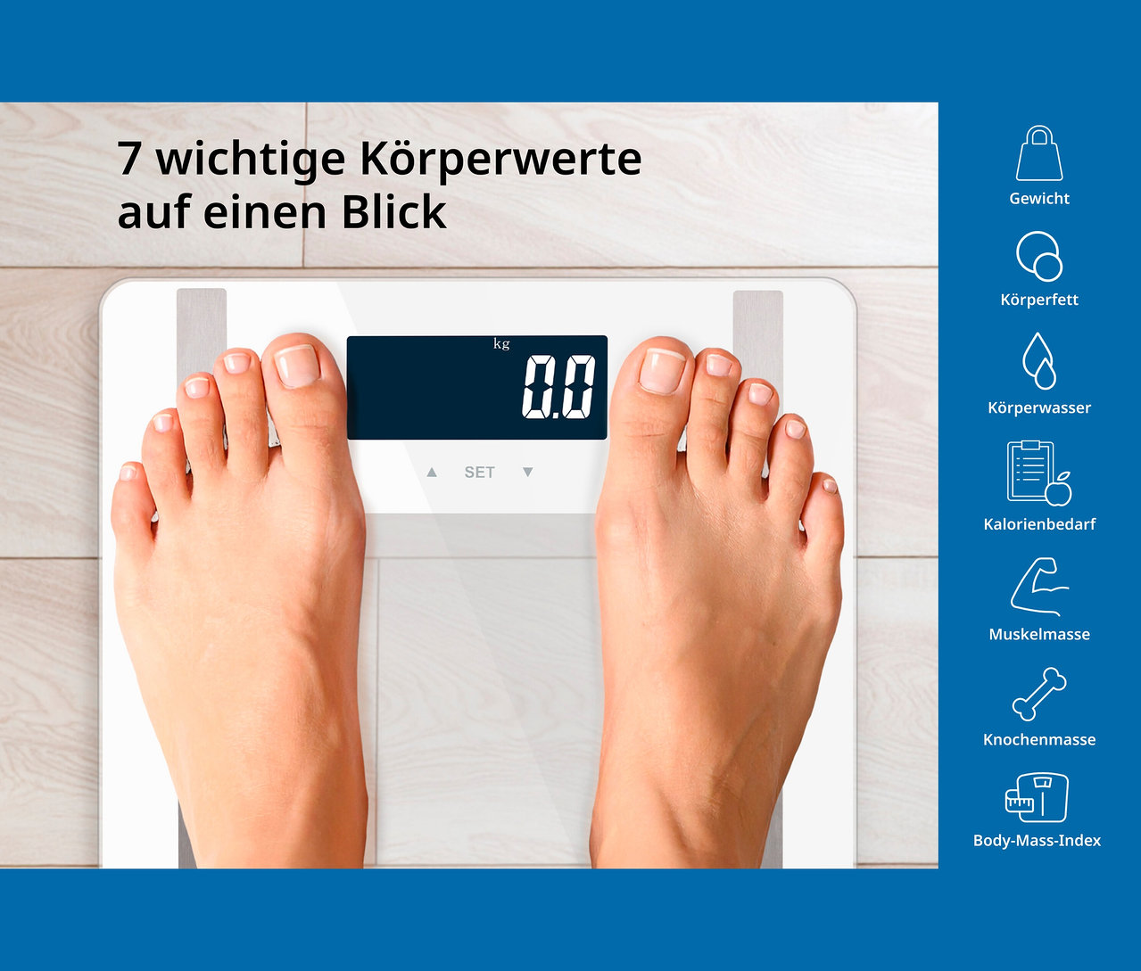 Ein Paar Füße stehen auf einer digitalen Personenwaage ADE.