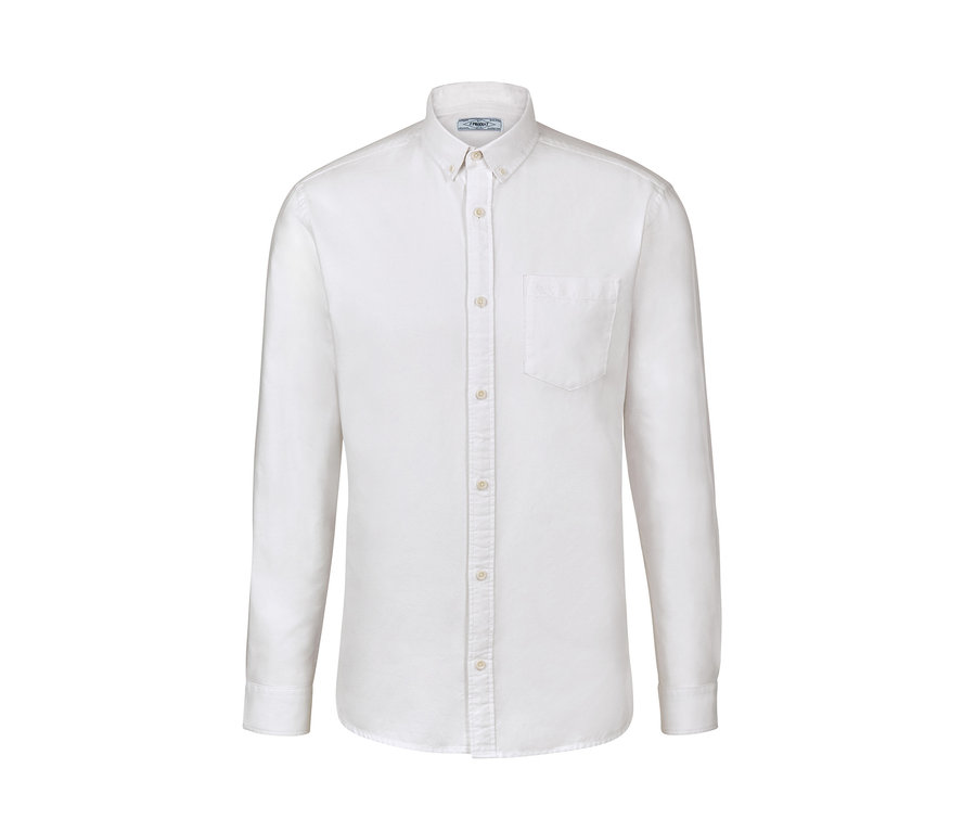 Weißes Oxford-Hemd mit langen Ärmeln und Knöpfen.