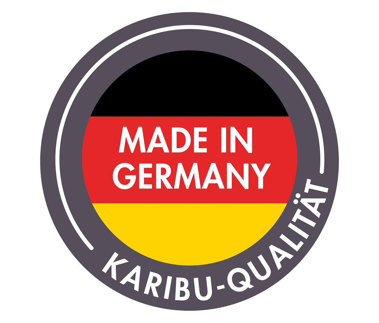 Runder Aufkleber mit der deutschen Flagge und dem Text: Hergestellt in Deutschland, Karibu-Qualität.