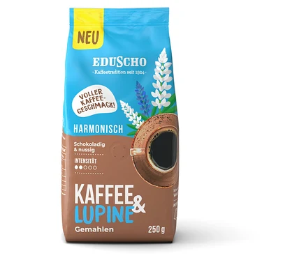 Packung Eduscho Kaffee & Lupine gemahlener Kaffee mit einer Abbildung einer Tasse Kaffee und Blumen.