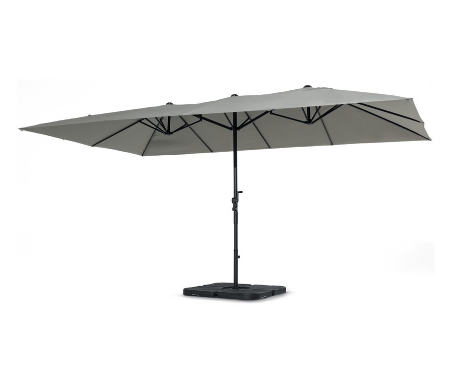 Ein hellgrauer Leco Doppel-Sonnenschirm steht auf einem schwarzen Sockel.