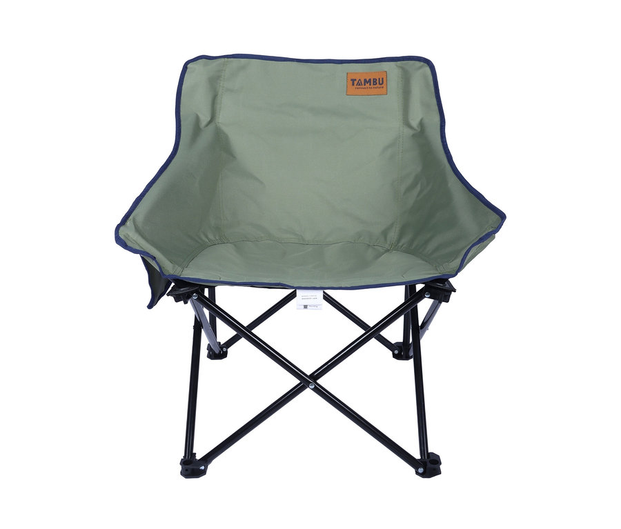 Ein grüner Tambu Camping-Faltstuhl »LAJA« mit blauer Umrandung und schwarzem Gestell.
