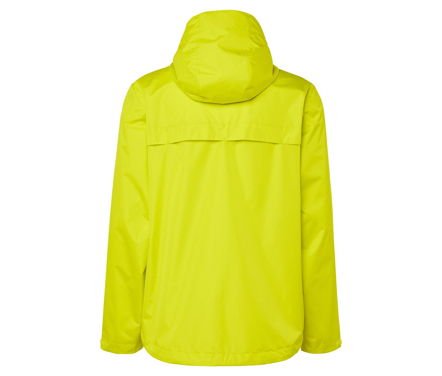 Rückansicht einer gelben Jacke mit Kapuze.