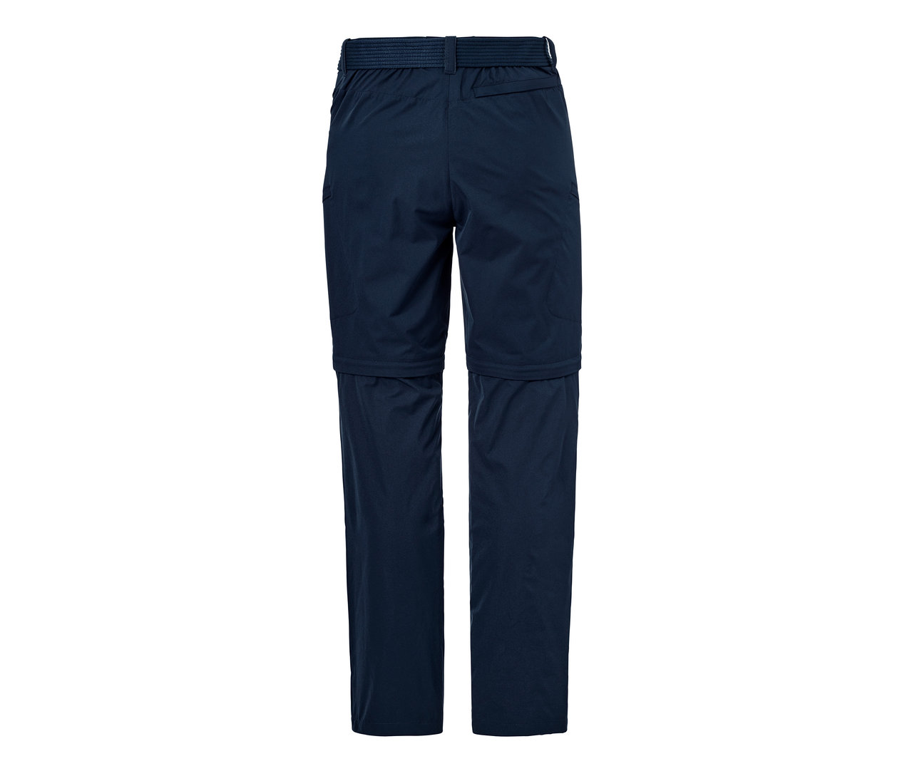 Dunkelblaue 2-in-1-Funktionshose mit Reißverschluss am Knie.