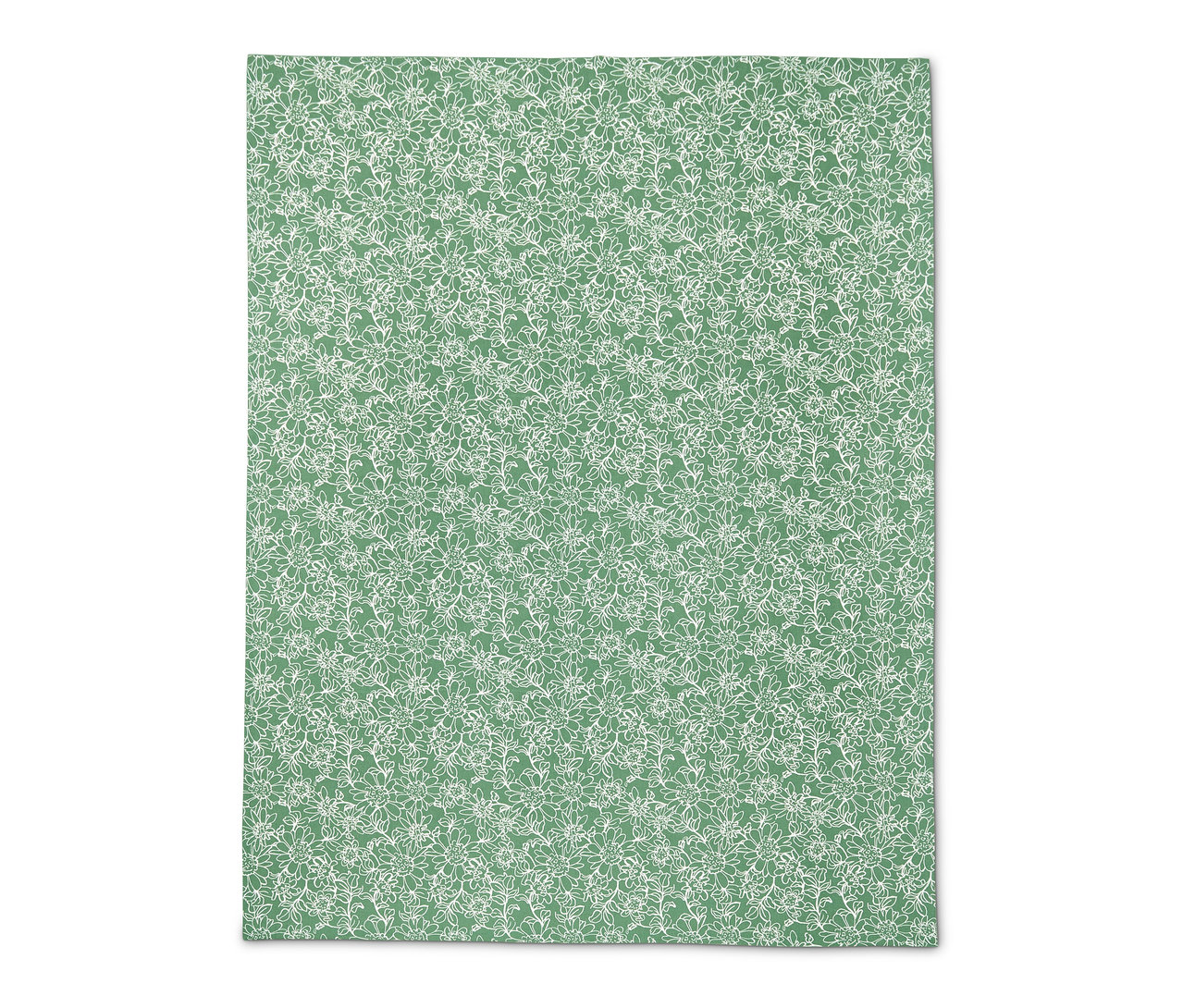 Grüne Outdoor-Tischdecke in Normalgröße mit weißem Blumenmuster.