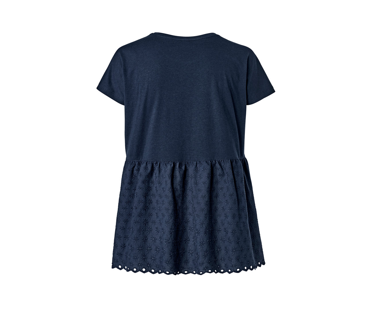 Dunkelblaues Shirt im Materialmix mit Stickerei.