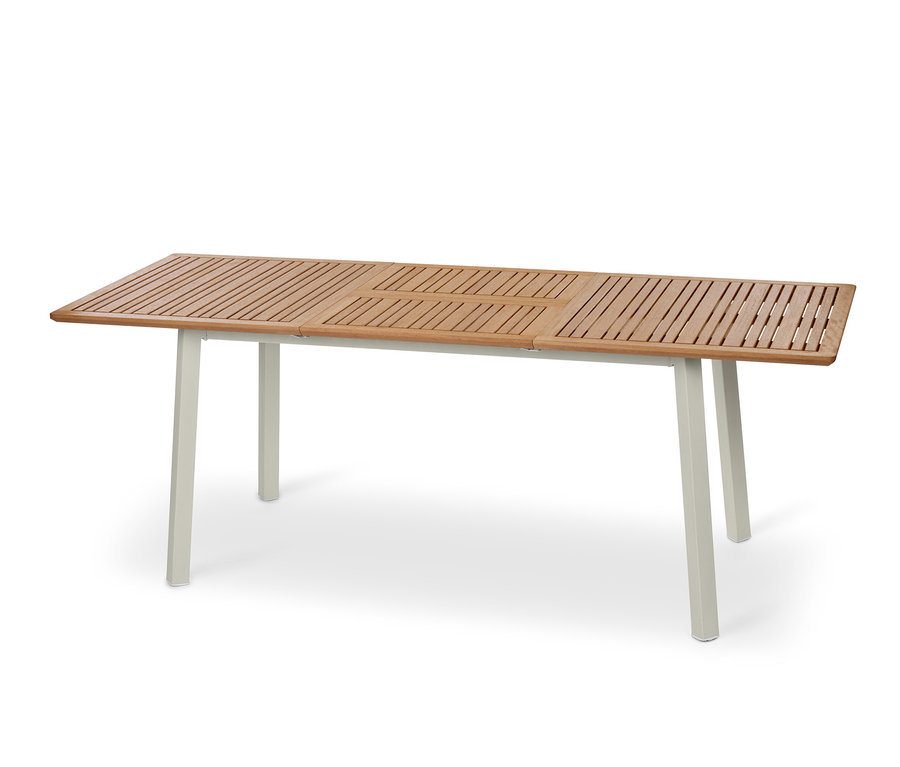 Ein Ausziehtisch »Liska« mit einer Holzplatte und hellen Beinen.