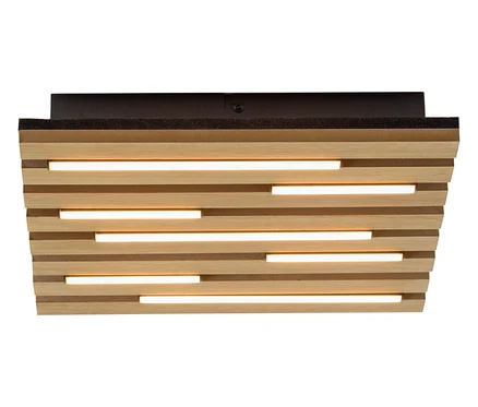 Holzdeckenleuchte mit horizontalen Lamellen und Lichtstreifen.