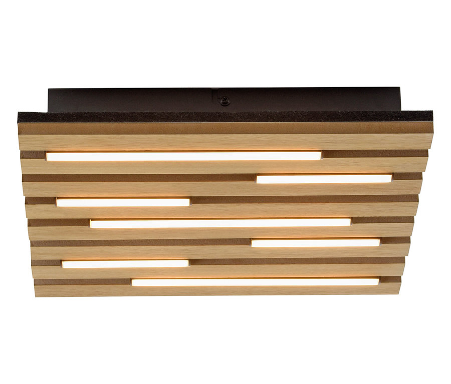 Holzdeckenleuchte mit horizontalen Lamellen und Lichtstreifen.