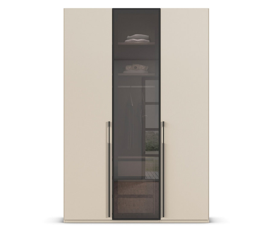 Beiger Kleiderschrank mit gläsernem Mittelteil.