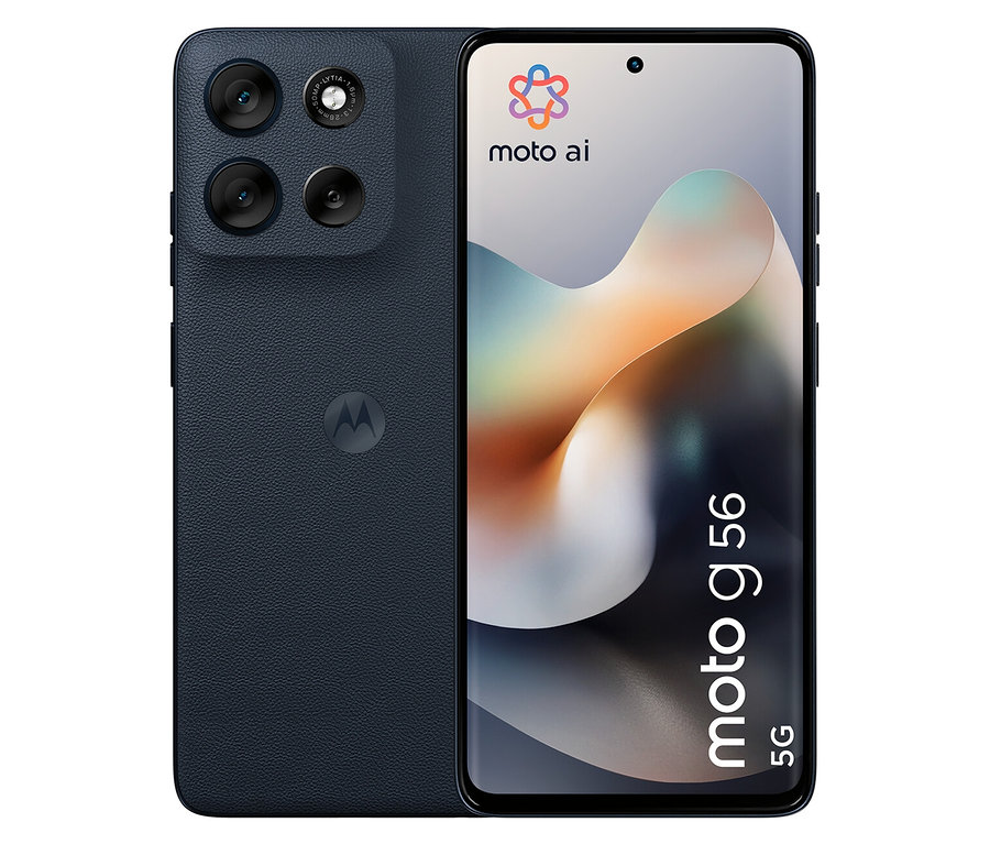 Schwarzes Motorola moto g56 5G 256 GB Mobiltelefon mit Triple-Kamera.