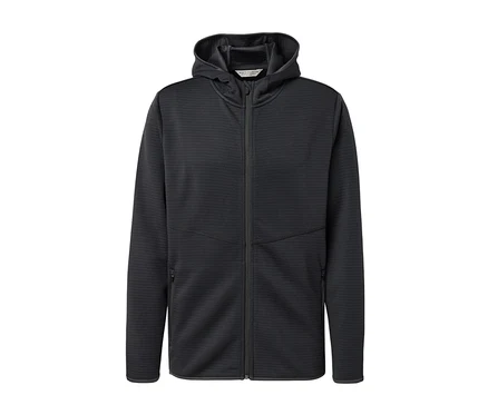 Anthrazitfarbene Funktionsjacke mit Reißverschluss und Kapuze.