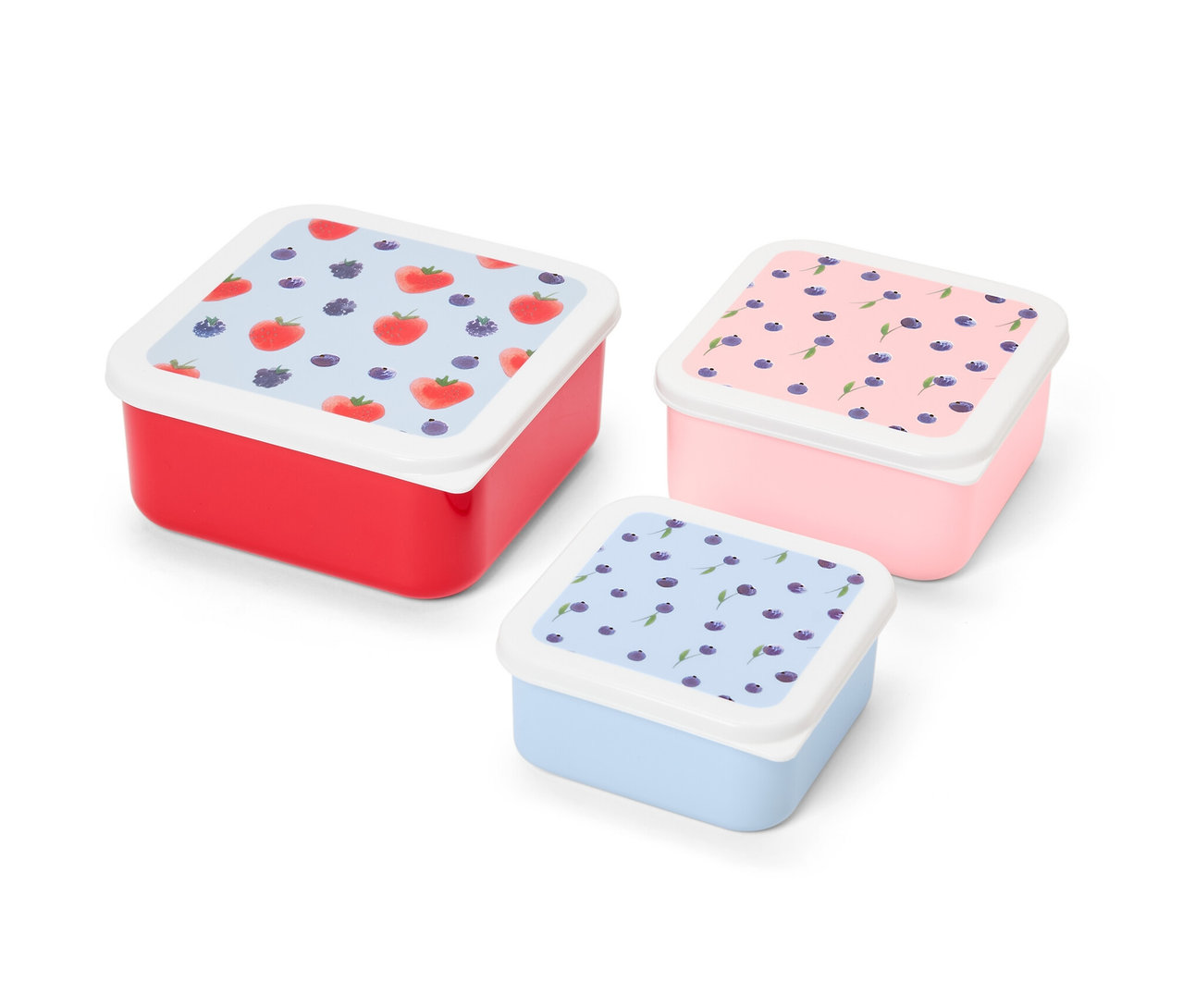 Drei unterschiedlich große Snackdosen in Rot, Rosa und Blau mit Fruchtmotiven.