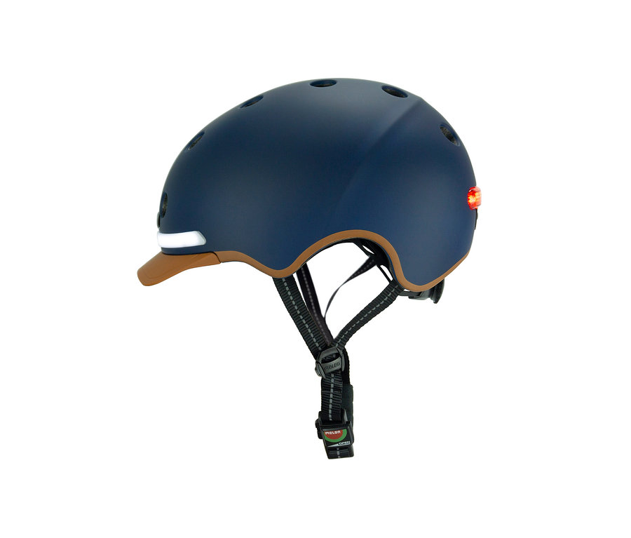 Dunkelblauer Melon E-Series Fahrradhelm »Heaven & Earth« mit braunen Details.