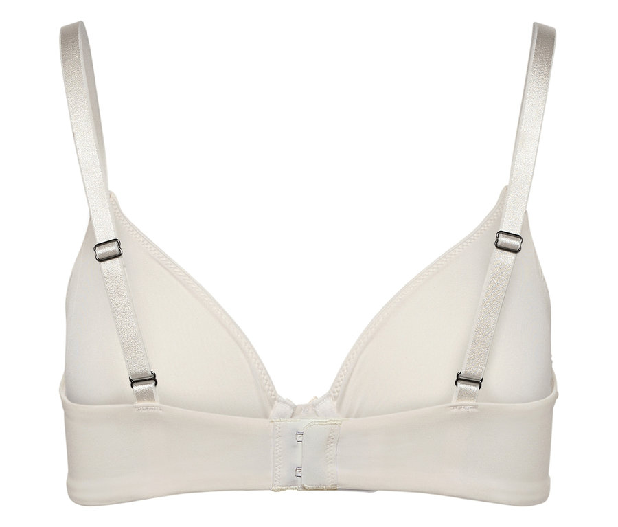 Rückansicht eines beigen BHs mit verstellbaren Trägern und Hakenverschluss.