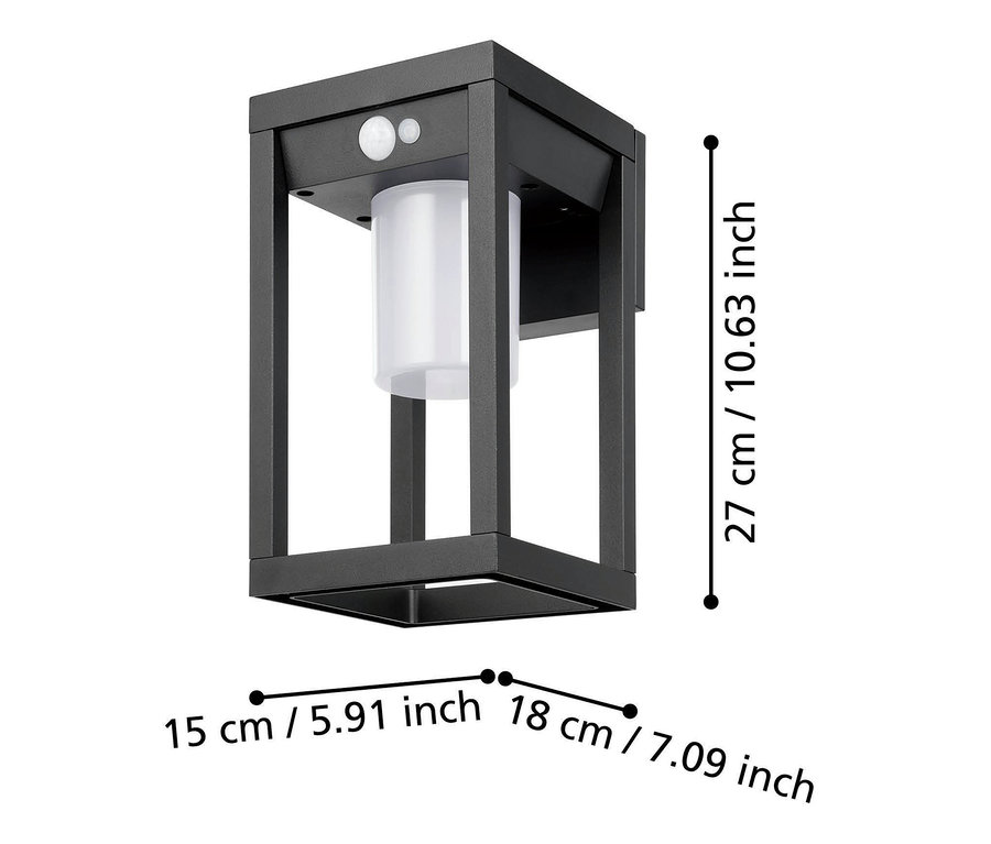 Abmessungen der schwarzen Eglo Solar Wandleuchte »Martano«.