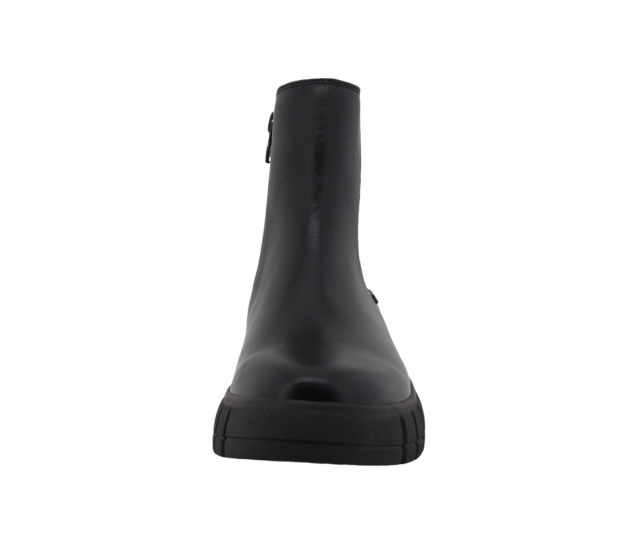 Schwarzer Lederstiefel mit Plateausohle und seitlichem Reißverschluss.