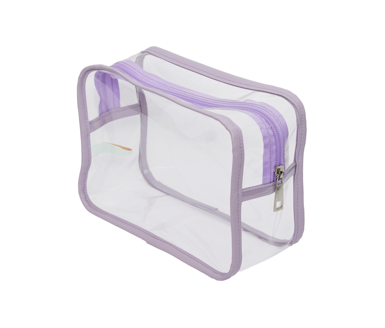 Transparente Kulturtasche mit lila Rand.