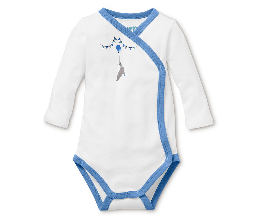 Weißer Langarmbody mit blauer Bordüre. Auf dem Body ist eine Abbildung eines Pinguins mit einem Ballon.