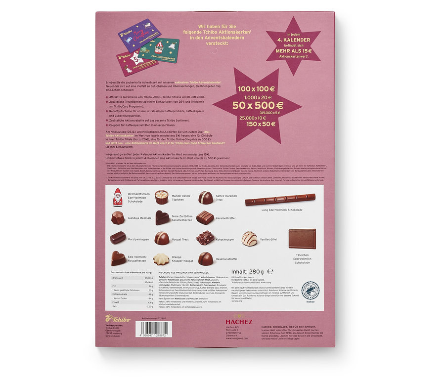 Rückseite der Tchibo Adventskalender-Verpackung mit Abbildungen von Pralinen und Text.