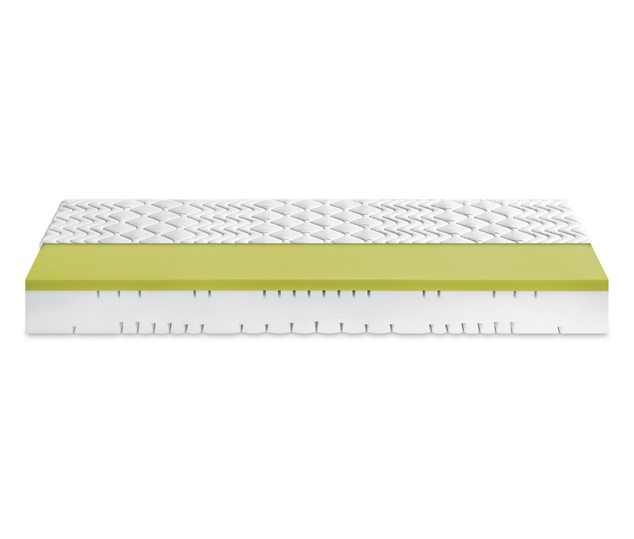 Detailansicht einer Irisette Comfort Visco Matratze mit weißem Bezug und grüner Schicht.