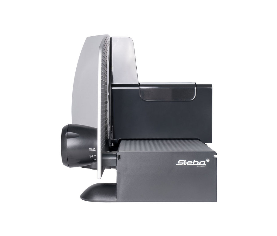 Seitenansicht des grauen Steba Allesschneider »AS 200«.