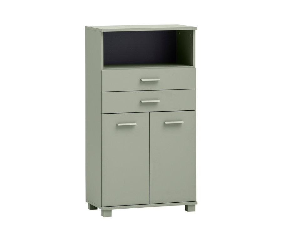 Breites, pistazienfarbenes Highboard »Mono« mit zwei Schubladen und Schranktüren.
