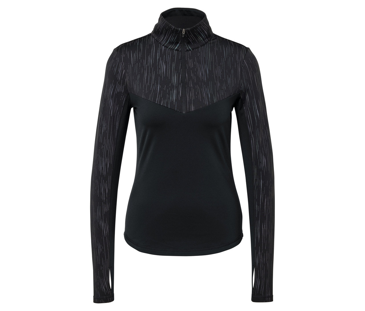 Schwarzes Langarmshirt mit strukturierten Details an Schultern und Oberteil.