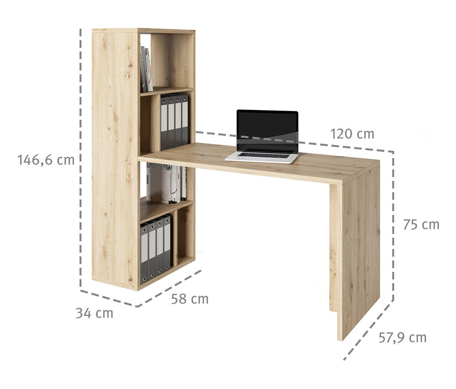 Roba Set, Regal mit Schreibtisch in Artisan-Eichenoptik mit Laptop, Büchern und Ordnern.