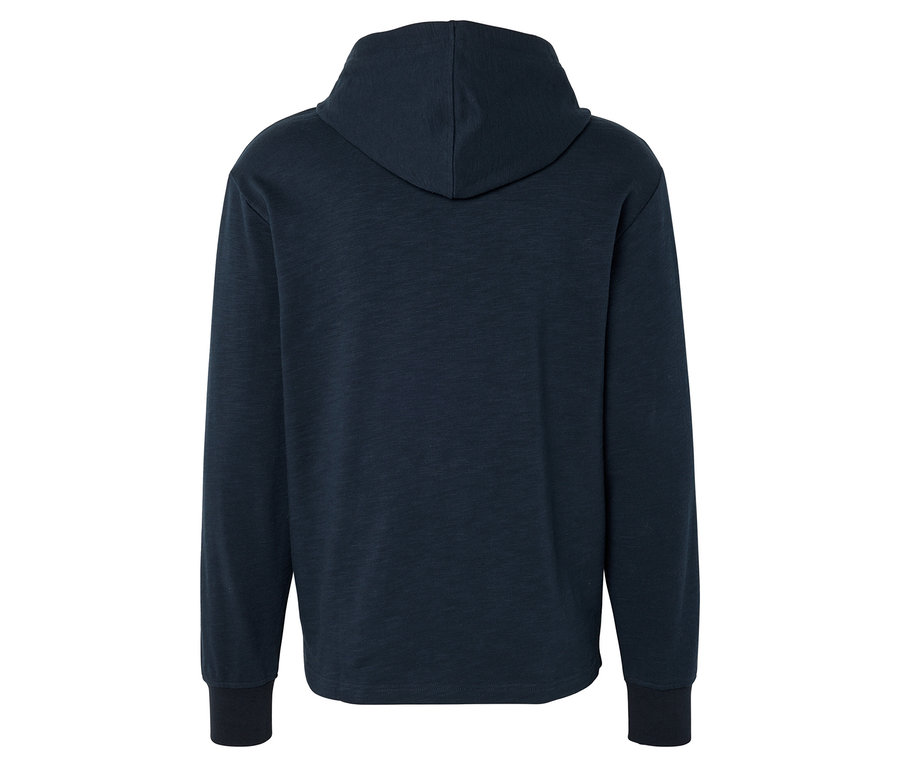 Rückansicht eines dunkelblauen Kapuzenpullovers mit langen Ärmeln.