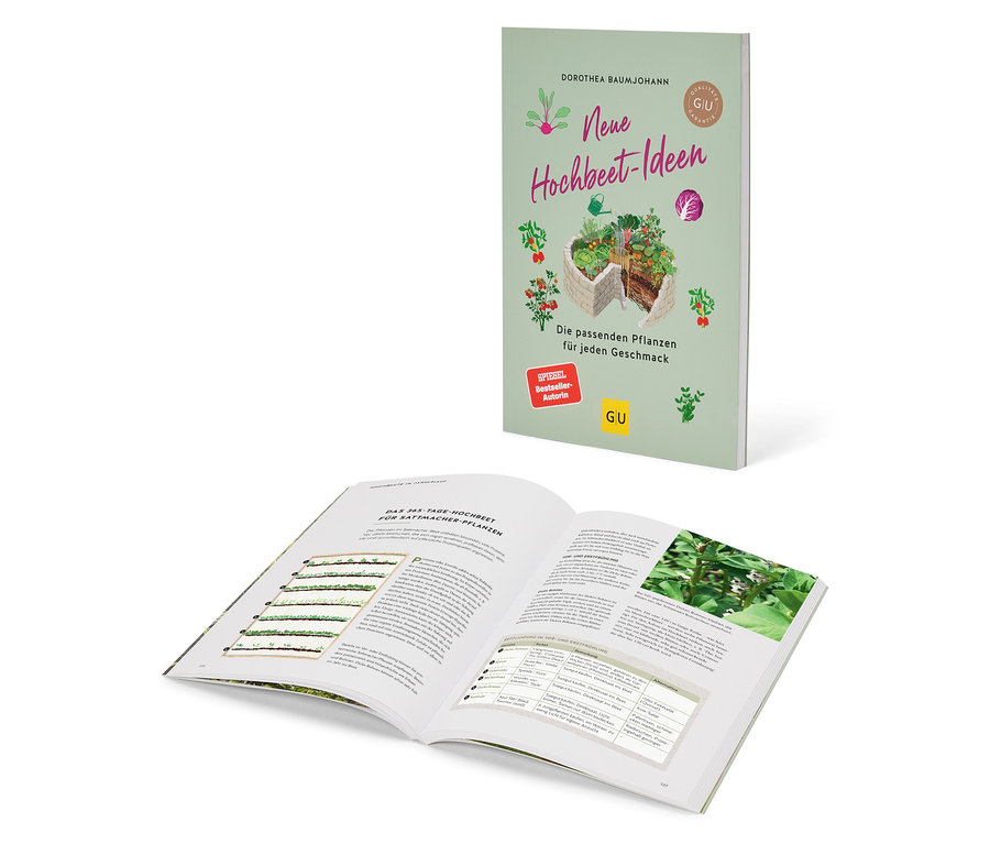 Ein aufgeschlagenes Buch liegt vor einem stehenden Buch mit dem Titel "Neue Hochbeet-Ideen".