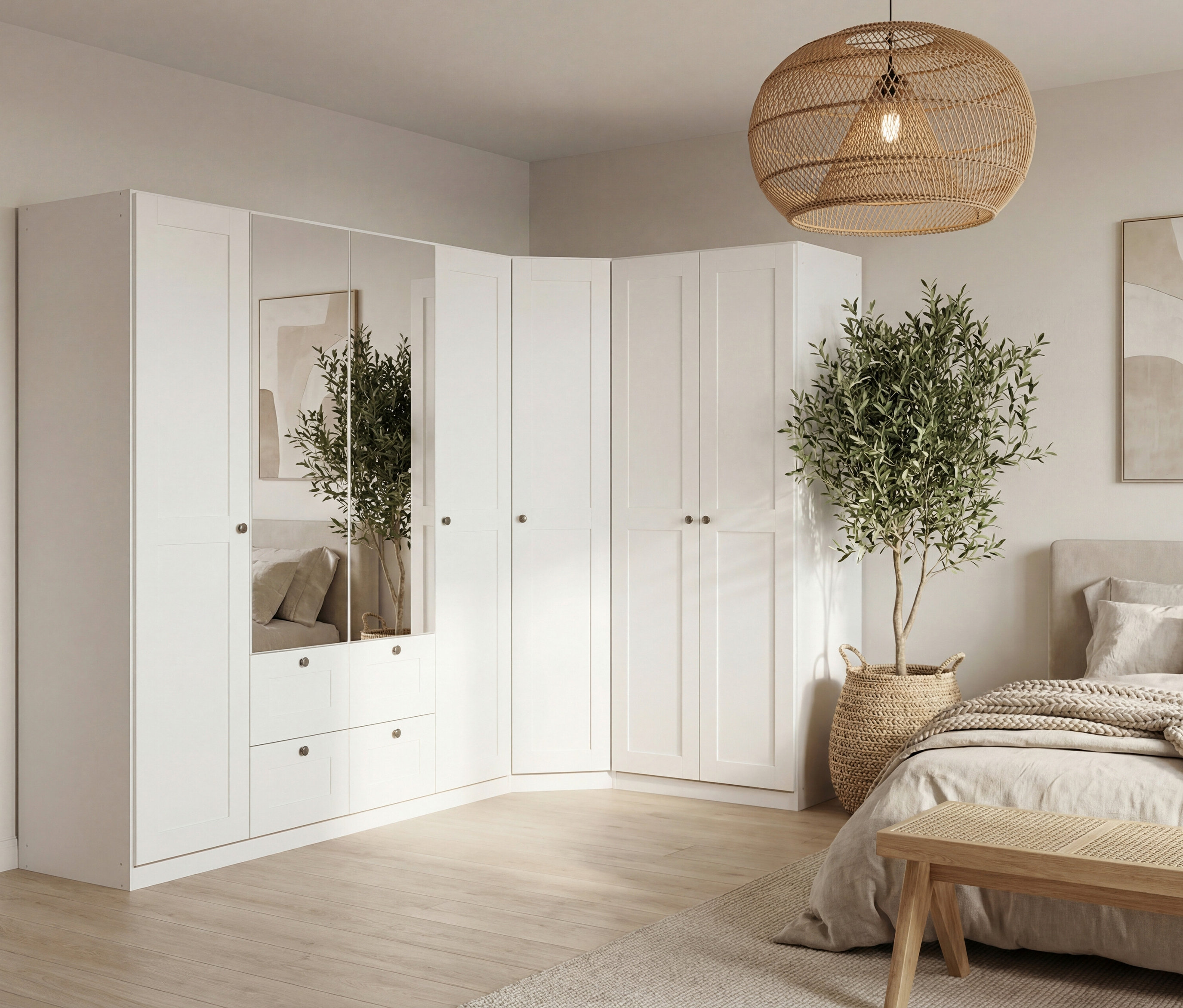 Schlafzimmer mit Eckkleiderschrank in Weiß, Spiegel, Bett, Bank und Korb-Hängelampe.