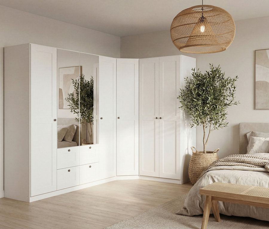 Schlafzimmer mit Eckkleiderschrank in Weiß, Spiegel, Bett, Bank und Korb-Hängelampe.