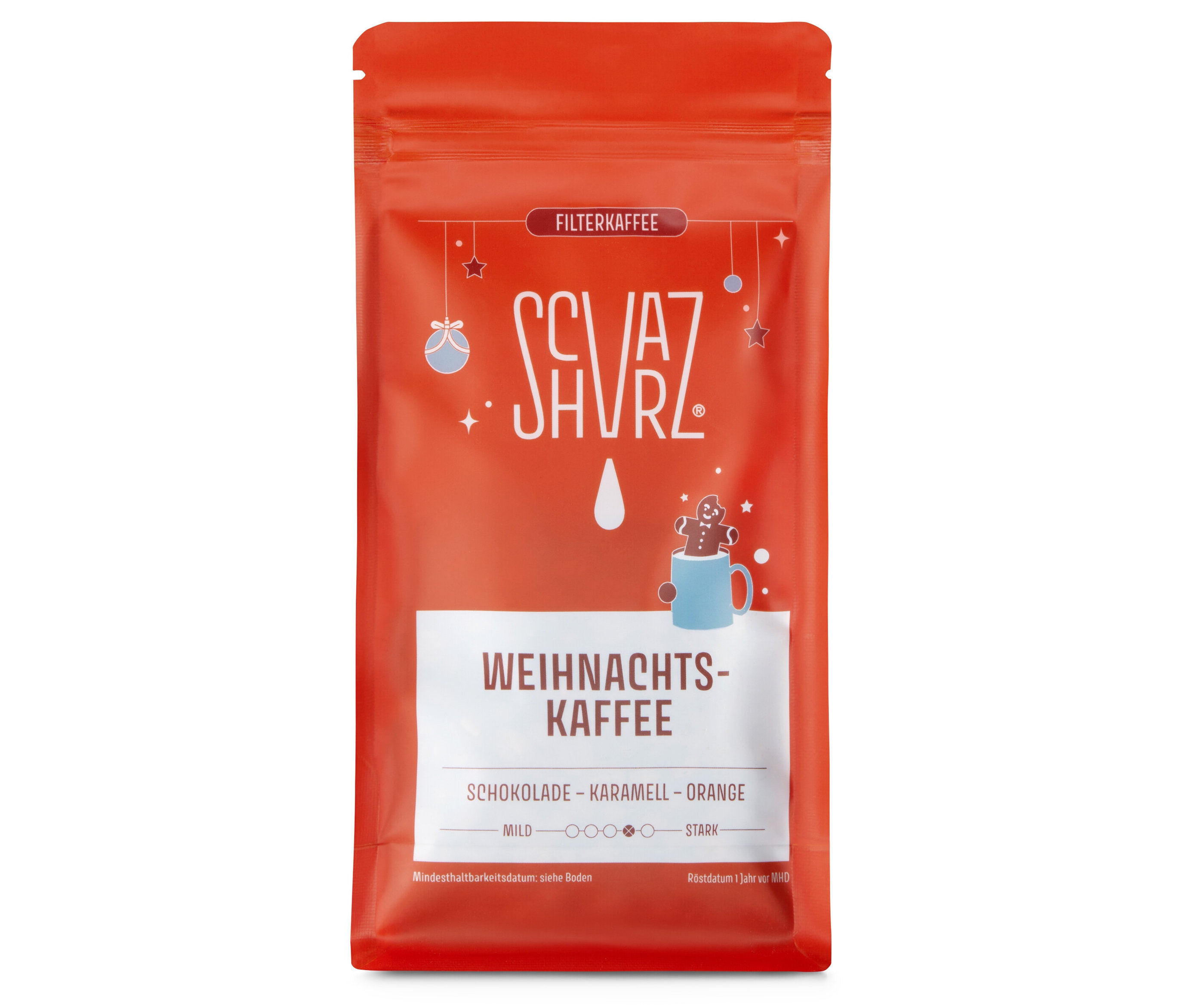 Rote Verpackung Schvarz Weihnachtskaffee Filterkaffee - 250 g Ganze Bohne.