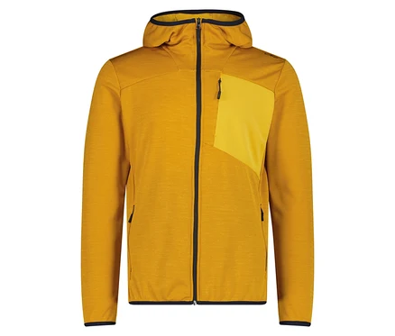 Gelbe Kapuzenjacke mit durchgehendem Reißverschluss vorne und einer gelben Brusttasche.