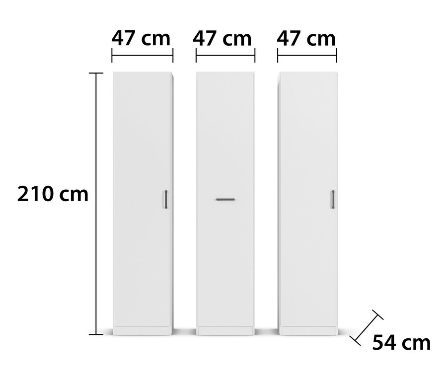 Drei weiße Schränke stehen nebeneinander, jeder 47 cm breit, 210 cm hoch und 54 cm tief.