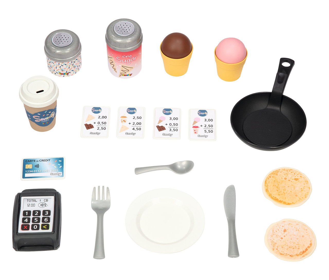 Spielzeug-Set mit Smoby Life Spielhaus »Sweety Corner«-Zubehör: Kaffeetasse, Zuckerstreuer, Eis, Pfanne, Geschirr, Kasse und Spielgeld.