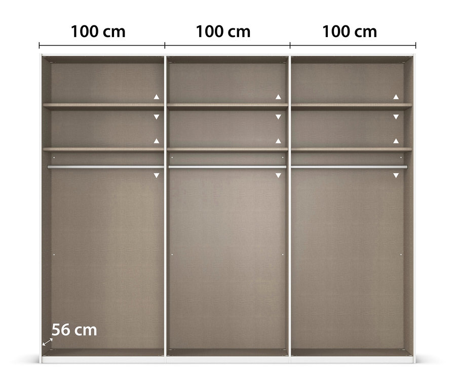 Drei beige Schränke mit je zwei Regalböden und einer Kleiderstange, jeweils 100 cm breit und 56 cm tief.