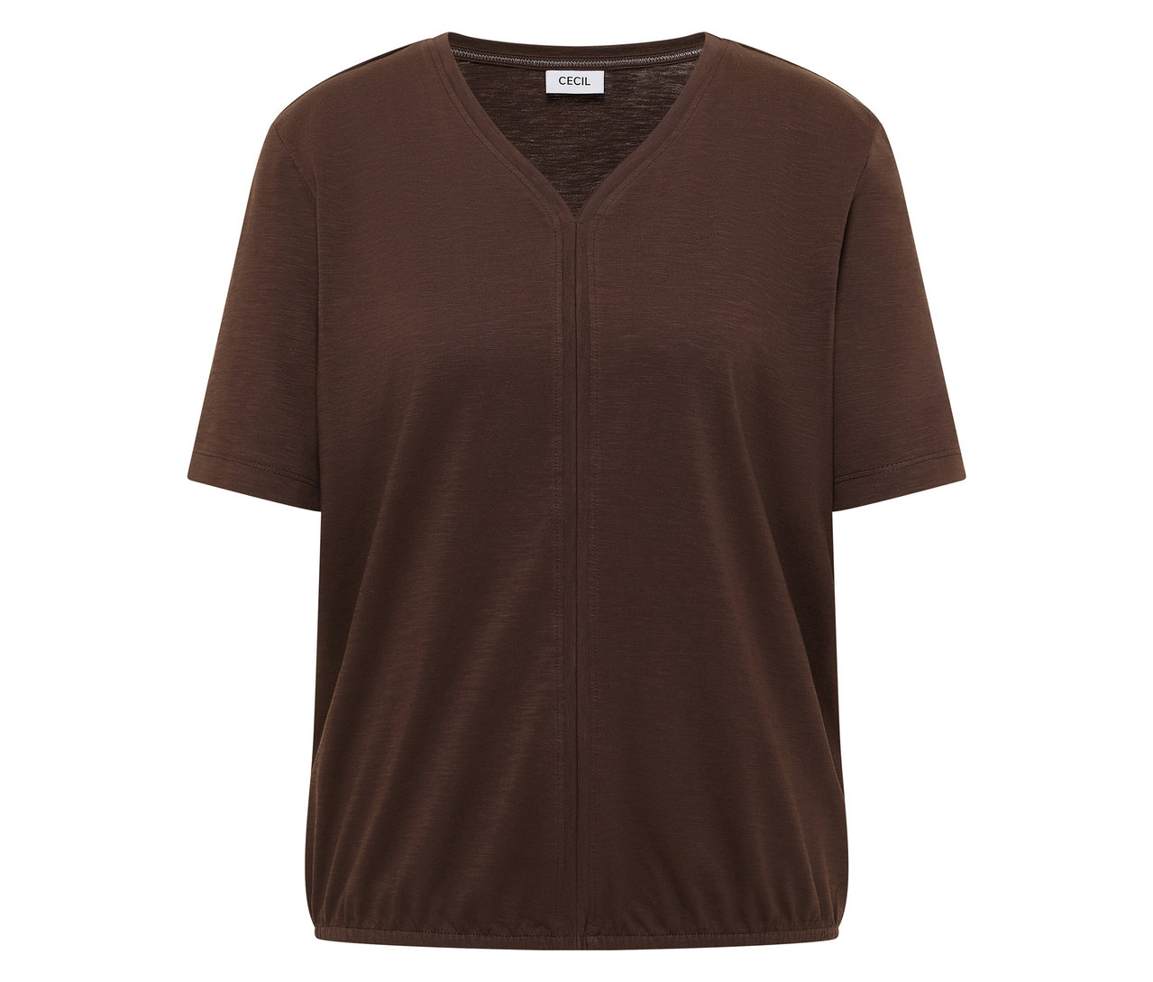 CECIL Tunika-Shirt in Braun mit V-Ausschnitt, kurzen Ärmeln und gerafftem Saum.